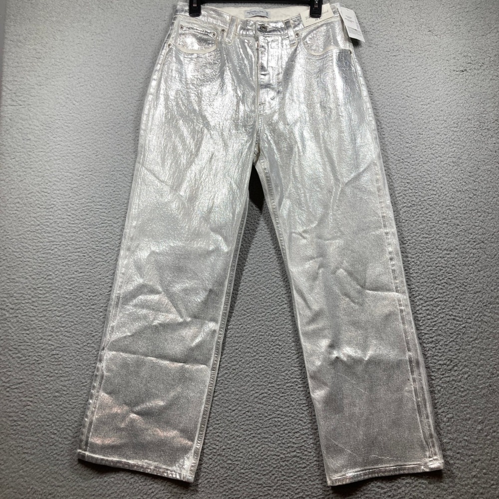 Abercrombie & Fitch The 90s Relaxed Jean Women 29 NEW Silver Metallic High Rise